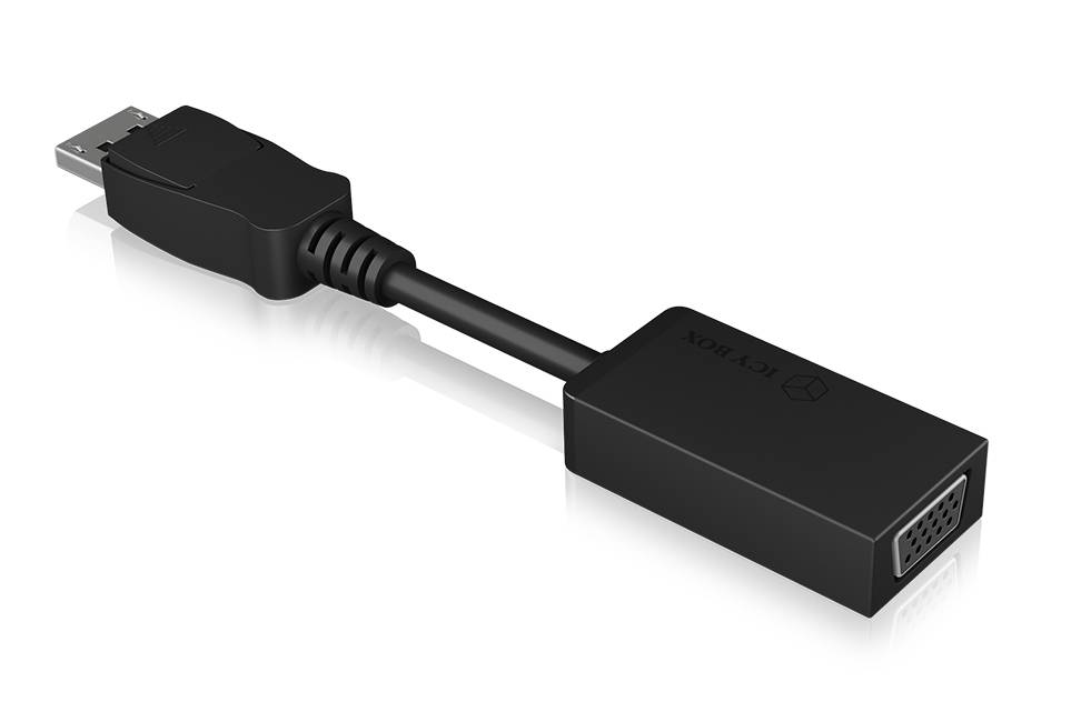 Czarny adapter z wtyczką DisplayPort po jednej stronie i złączem VGA po drugiej stronie.