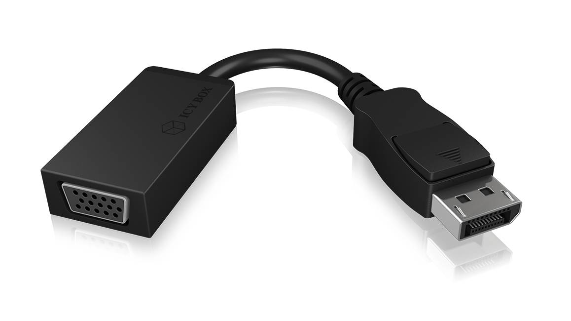 Czarny adapter DisplayPort do VGA z krótkim przewodem, używany do podłączania starszych monitorów do nowoczesnych komputerów.