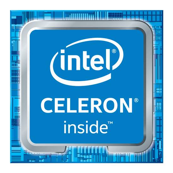 Logo procesora Intel Celeron z niebieskim tłem i białym tekstem, prezentujące nazwę procesora.