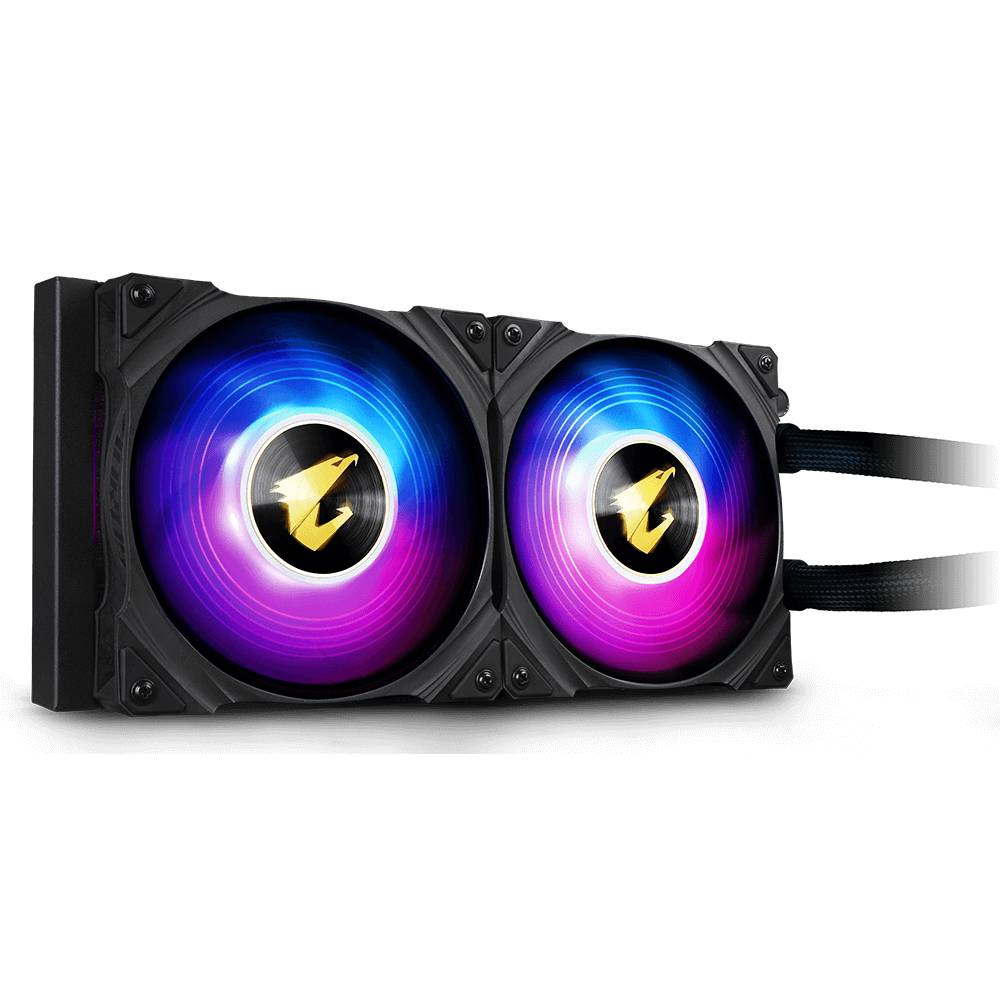 Wentylator komputerowy z podświetleniem RGB, wyposażony w dwa duże wentylatory, które świecą w intensywnych kolorach, z widocznymi kablami z boku.