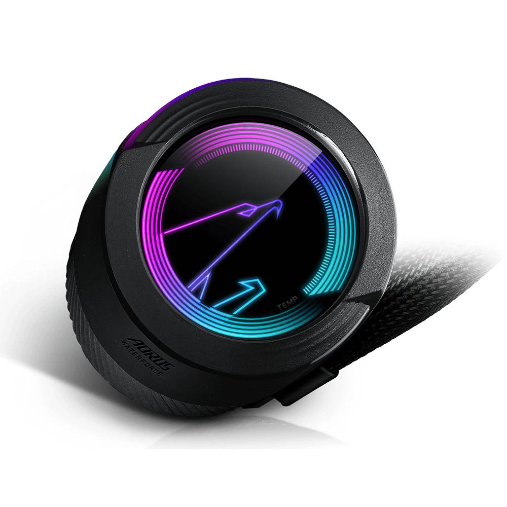 Okrągły wentylator komputerowy z podświetlanym wyświetlaczem RGB, na którym widnieje stylizowane logo sokoła, zamontowany na czarnej obudowie.