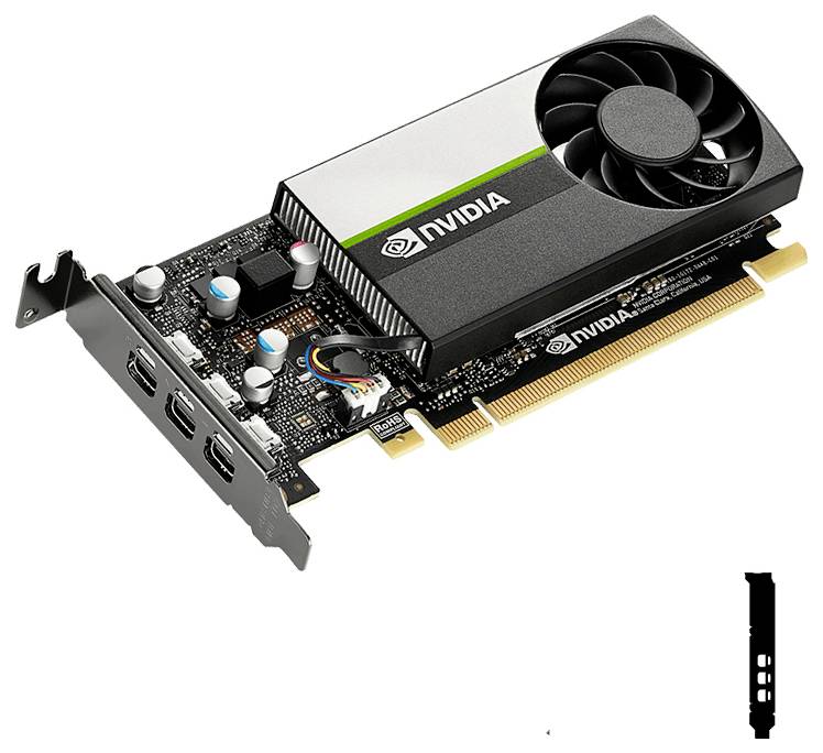 Karta graficzna 'NVIDIA' z dużym wentylatorem chłodzącym, trzema złączami DisplayPort, interfejsem PCIe; przeznaczona do komputerów w celu poprawy wydajności graficznej.