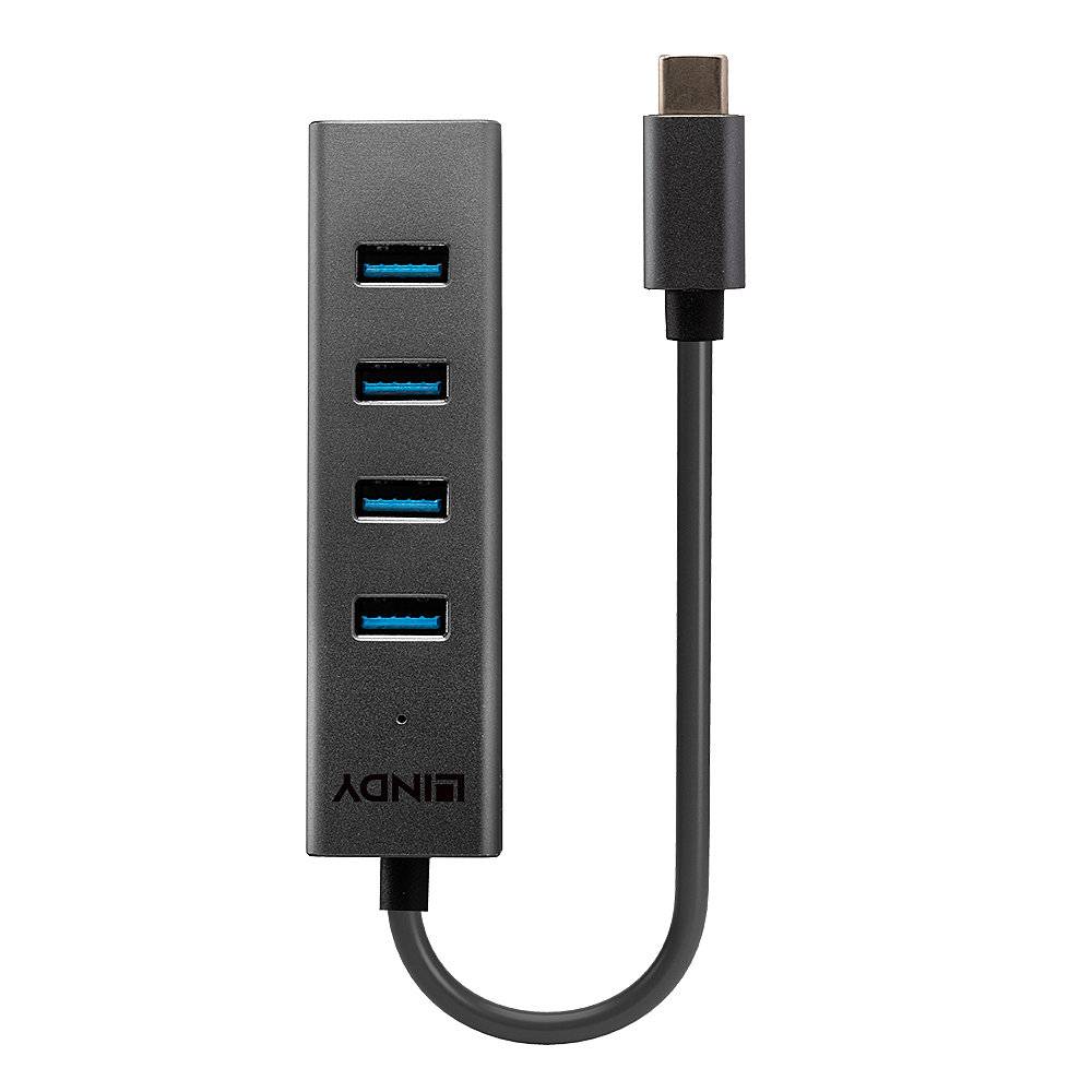 Hub USB-C z czterema portami USB, przeznaczony do podłączenia wielu urządzeń. Kompaktowa, czarna konstrukcja dla wygodnego użytkowania w podróży.
