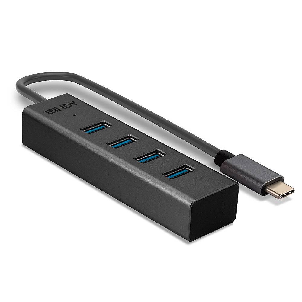 Czarny hub USB-C z czterema niebieskimi portami USB-A. Łączy różne urządzenia USB za pomocą jednego kabla USB-C.