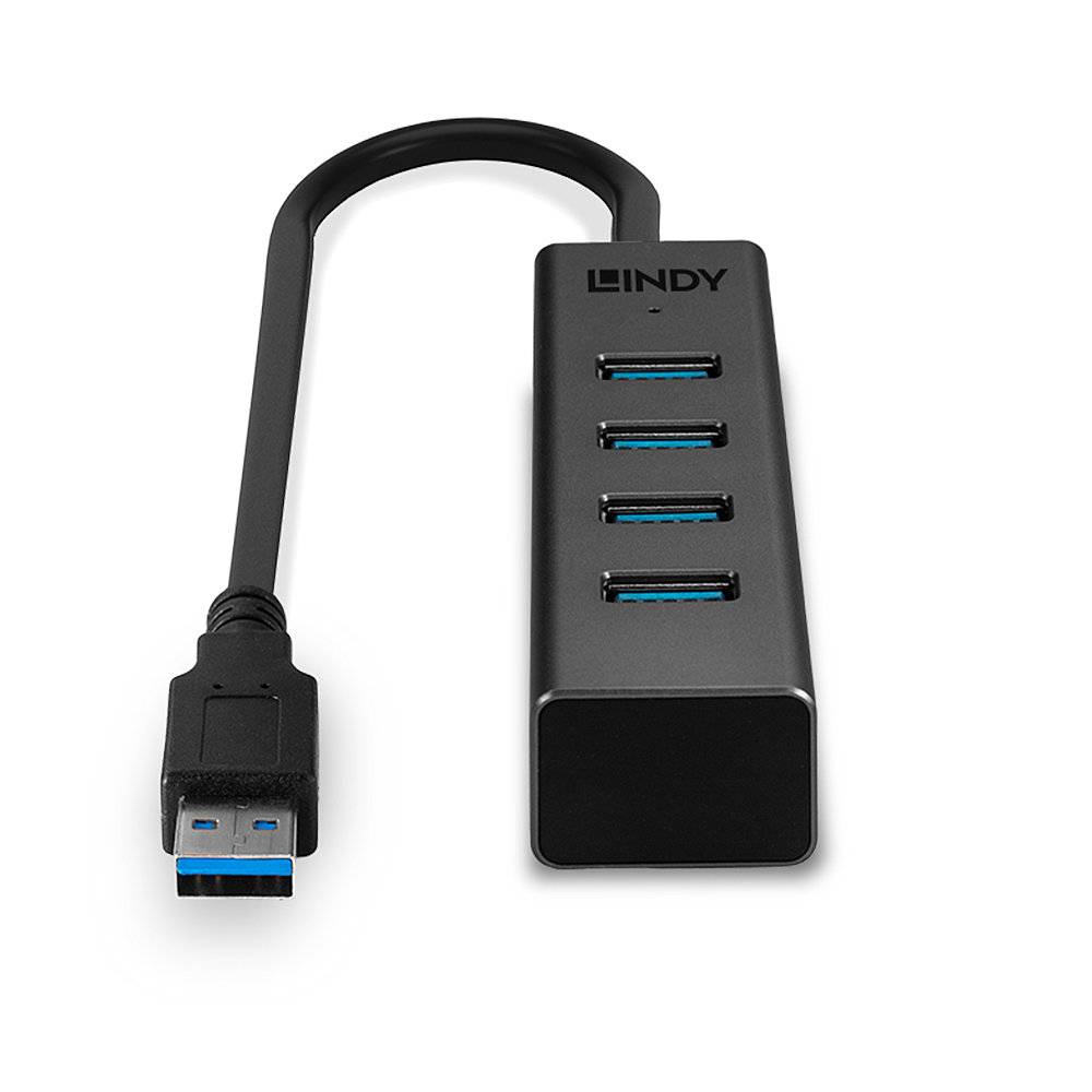 Czarny hub USB z czterema niebieskimi portami USB 3.0 i wtyczką USB na końcu przewodu, przeznaczony do rozszerzenia liczby dostępnych złączy USB.
