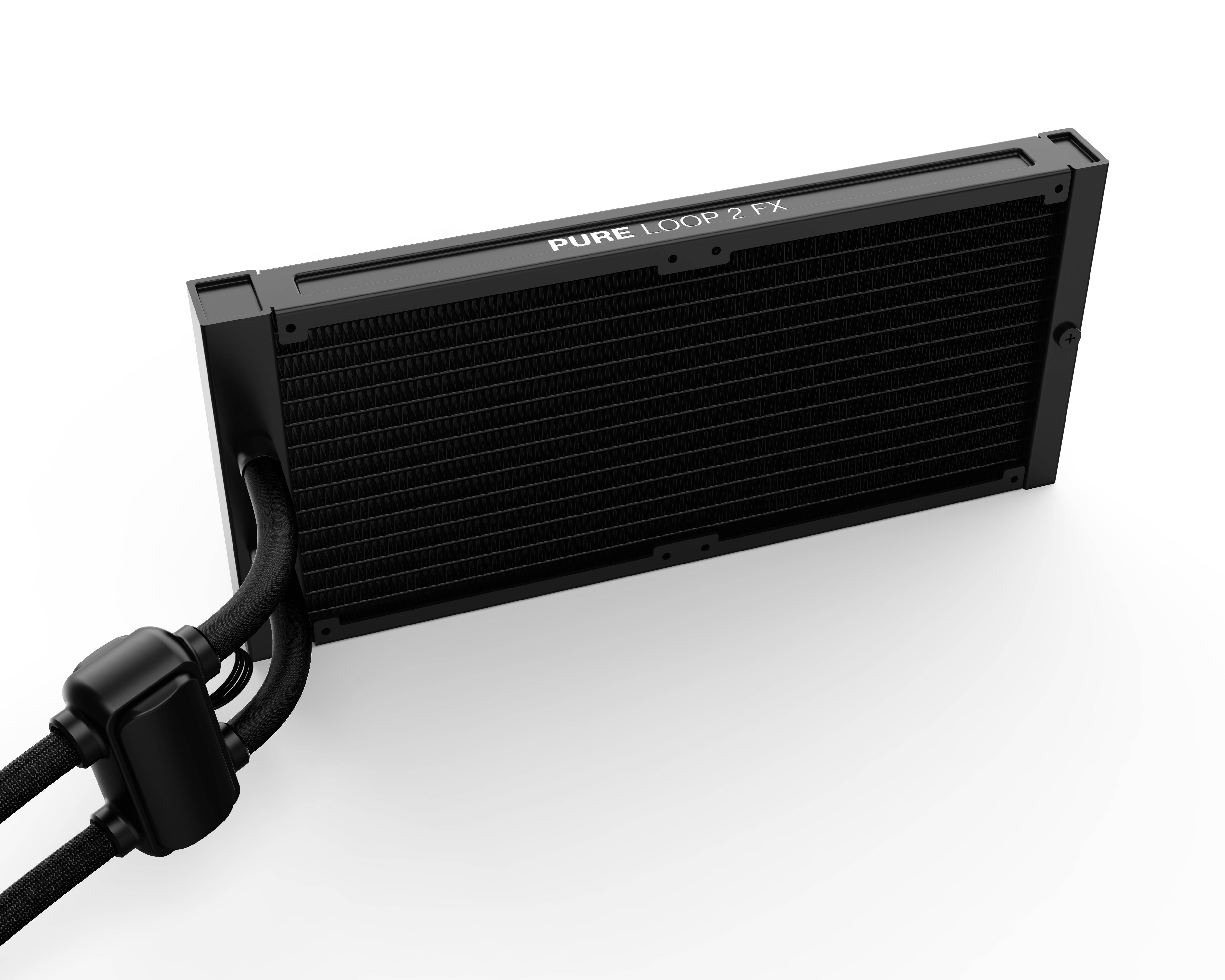 Czarny chłodnik CPU z cieczą, wyposażony w przewody i żeberka odprowadzające ciepło, oznaczony napisem 'Pure Loop 2 FX'