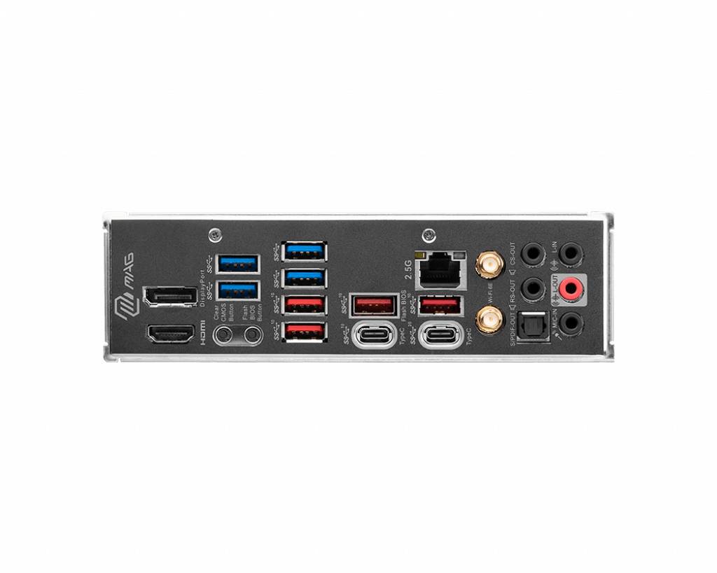 Tylna strona płyty głównej komputera z różnymi możliwościami podłączenia: HDMI, porty USB, Ethernet, złącza audio, USB-C.