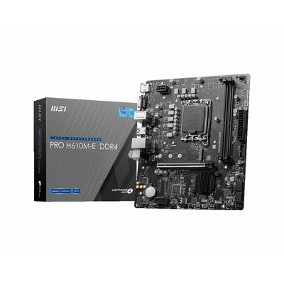 Płyta główna MSI PRO H610M-E DDR4 i opakowanie. Odpowiednia dla procesorów Intel, obsługuje pamięć RAM DDR4, złącza USB i PCIe.