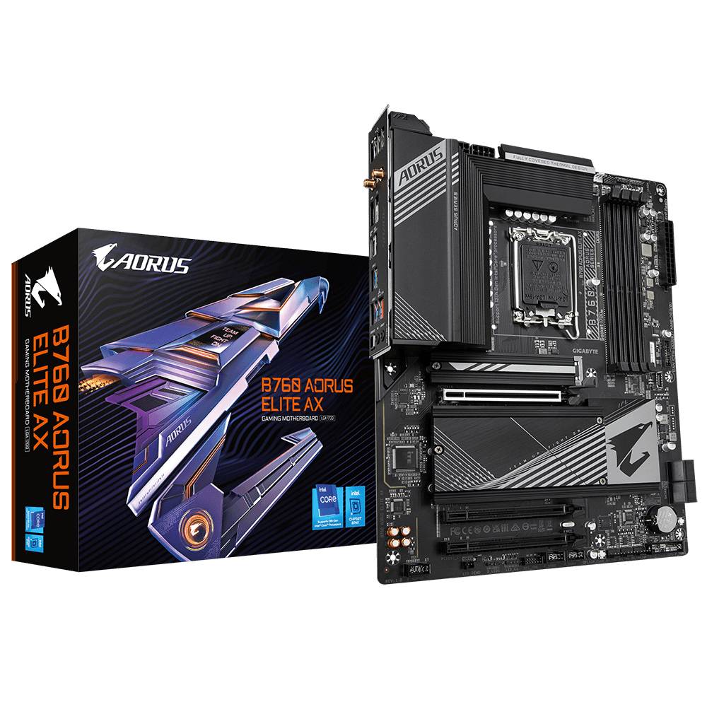 Płyta główna Aorus B760 Elite AX z opakowaniem. Czarny design, logo, sloty PCIe, gniazda RAM, przeznaczona do gier.