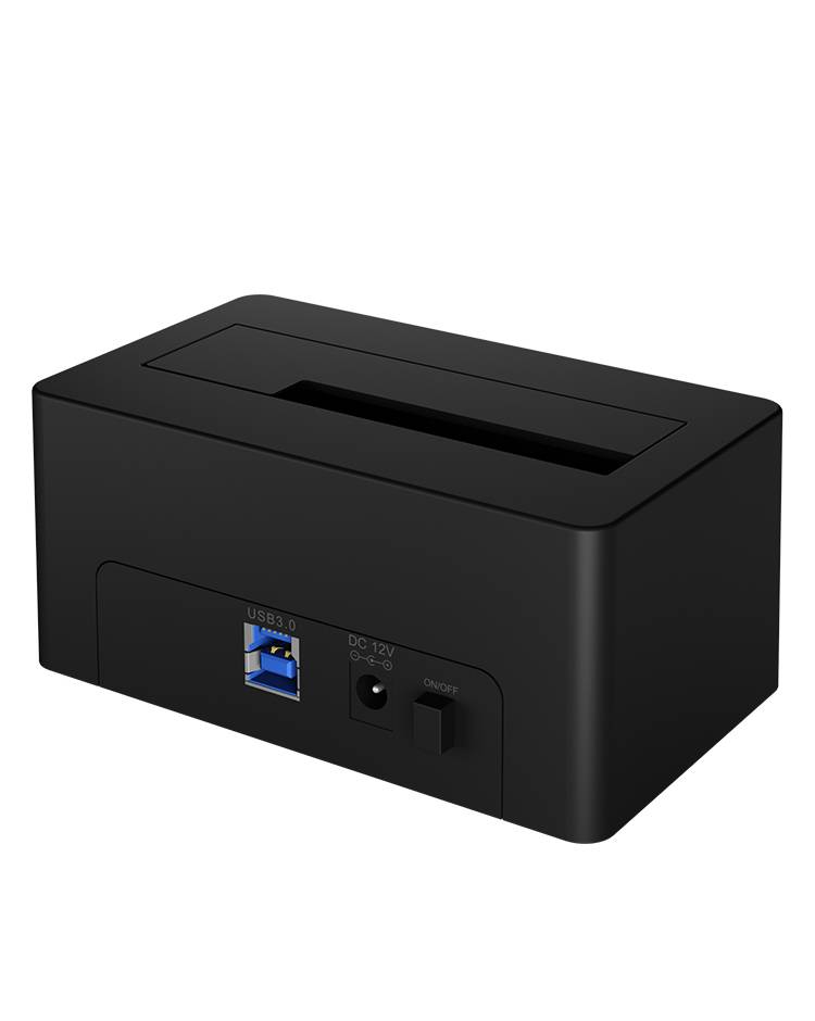 Czarne, prostokątne stacja dokująca do dysków twardych z portem USB 3.0, zasilaniem sieciowym i włącznikiem/wyłącznikiem, przeznaczona do szybkiego dostępu do dysków twardych.