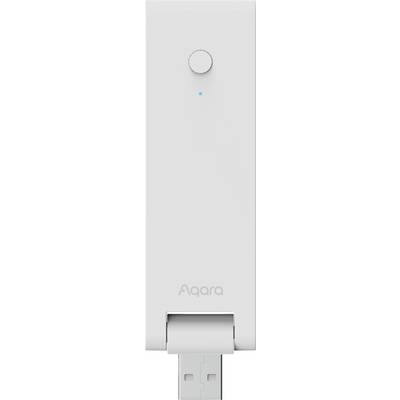 Biały pendrive z małym przyciskiem i niebieską diodą LED, oznaczony napisem 'Aqara'.