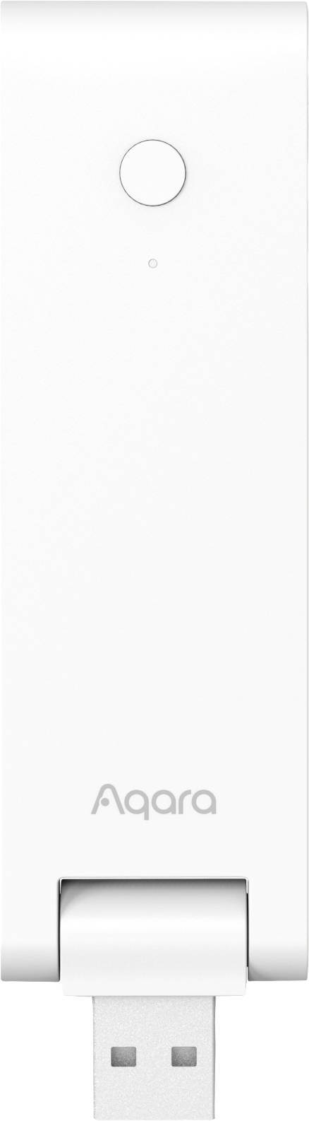Biały dongle USB z logo marki 'Aqara' na przedniej stronie, odpowiedni do integracji z inteligentnymi urządzeniami domowymi.
