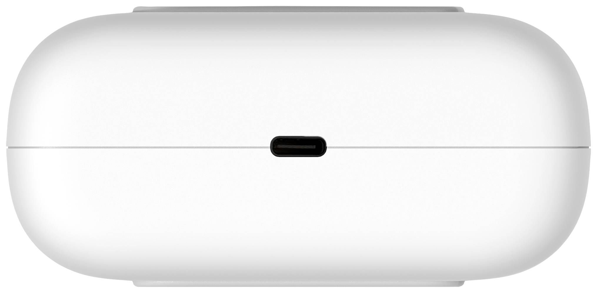 Biała, owalna obudowa ładująca z gniazdem USB-C pośrodku, prawdopodobnie do bezprzewodowych słuchawek dousznych.