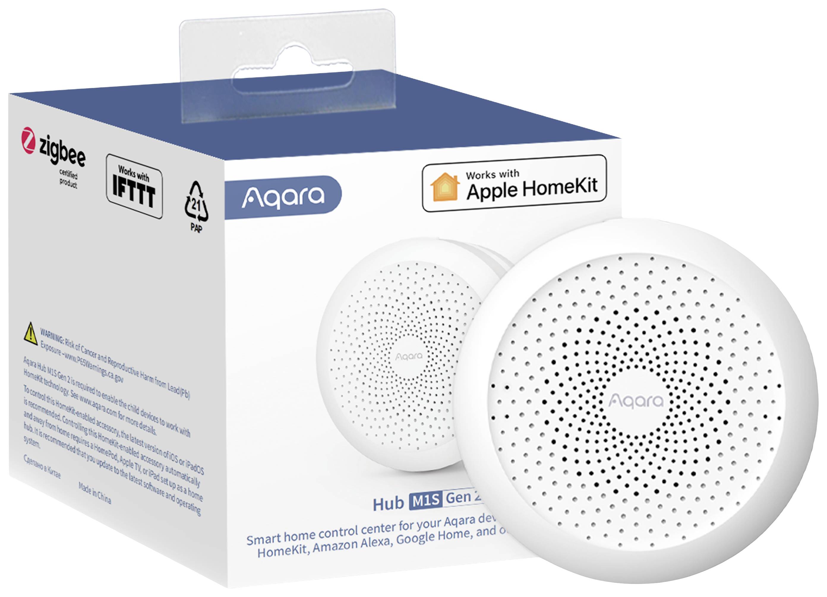 'Aqara Hub M1S Gen 2' przedstawiony na białym kartonie. Obsługuje Zigbee, Apple HomeKit, IFTTT. Okrągłe, białe urządzenie smart home obok opakowania.