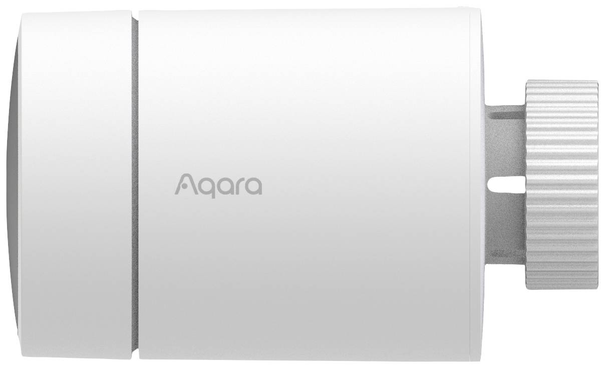 Biały termostat grzejnikowy Aqara, o cylindrycznym kształcie, z bocznym pokrętłem do regulacji temperatury.