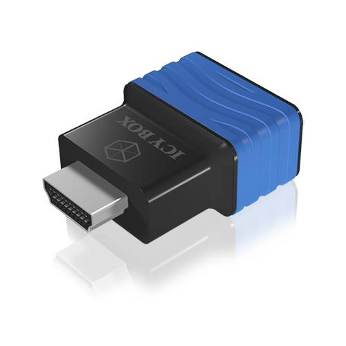 Adapter HDMI z niebieską obudową z tworzywa sztucznego i czarną przednią ścianką, przeznaczony do podłączania źródeł wideo z wyświetlaczami.