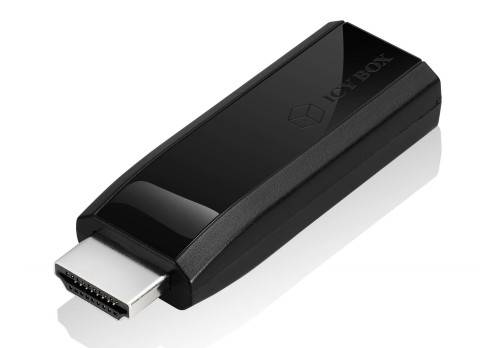 Czarny stick HDMI z napisem 'ICY BOX' na górnej powierzchni, przeznaczony do łączenia urządzeń za pomocą złącza HDMI.