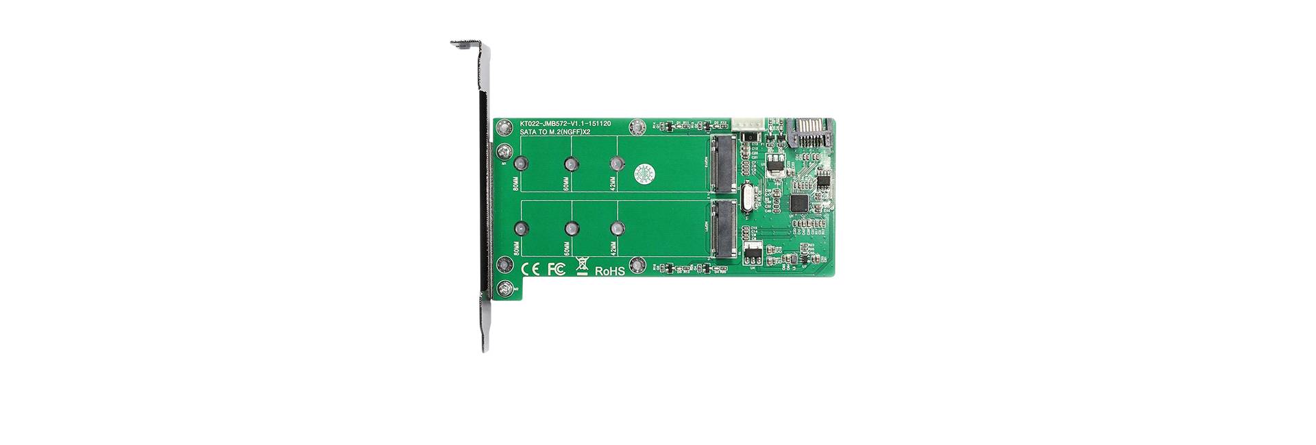 Zielona płytka drukowana dla dysków SSD M.2 NVMe z adapterem PCIe. Widoczne są na niej chipy i punkty przyłączeniowe.