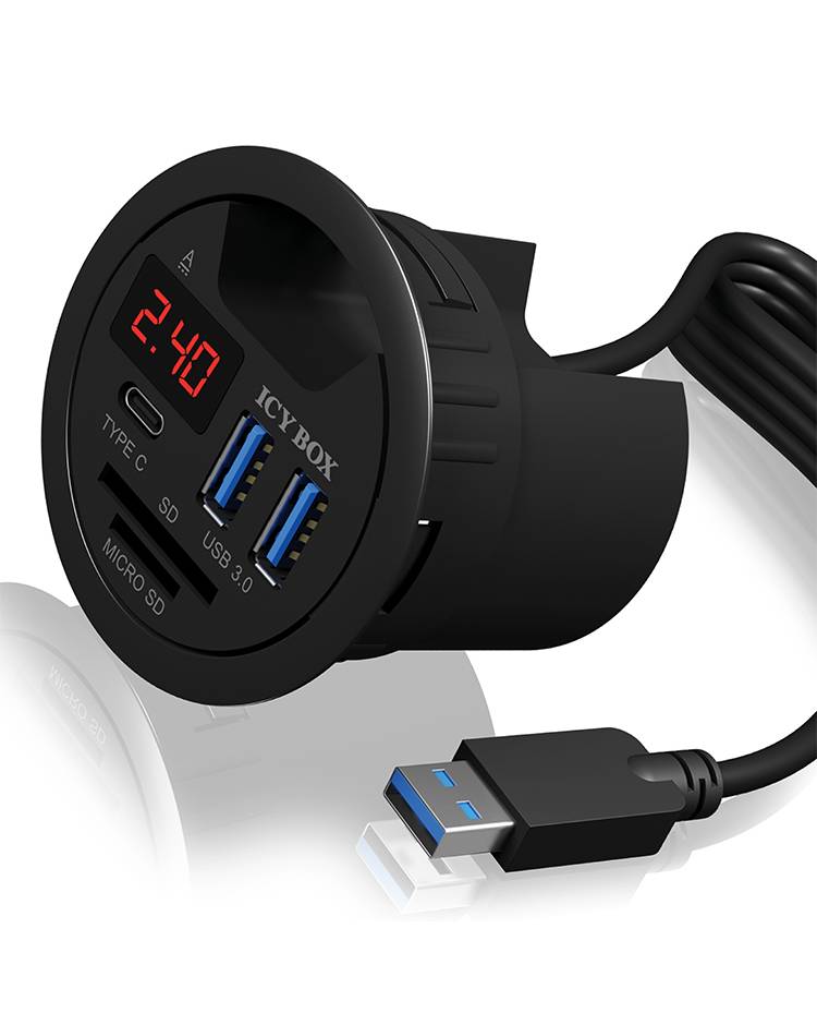 Koncentrator USB w kształcie cylindra z dwoma portami USB 3.0, złączem USB-C oraz slotem na karty SD i MicroSD. Cyfrowy wyświetlacz pokazuje '2:40'.