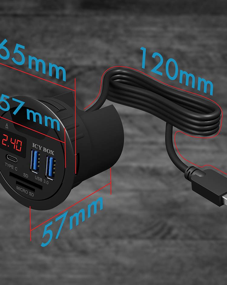 Czarny ładowarka USB z złączami Typ-C, SD, USB-A 3.0 oraz cyfrowym wyświetlaczem amperomierza. Wymiary: 65 mm x 57 mm x 120 mm.