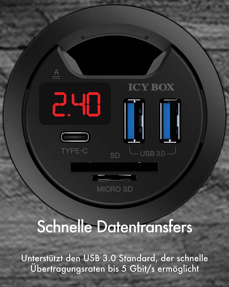 Czytnik kart z interfejsami USB 3.0 i Typ-C, wyświetlacz pokazuje '2.40'. Tekst: 'Szybkie transfery danych', obsługuje prędkości do 5 Gb/s.