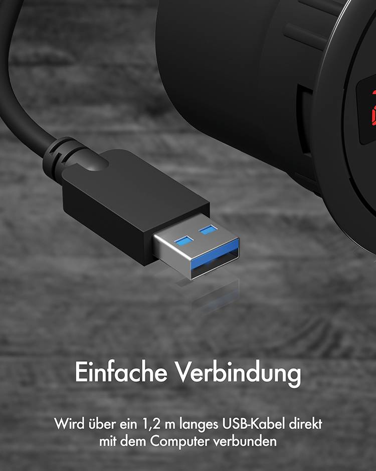 'Kabel USB obok złącza. Tekst: Proste podłączenie. Łączy się bezpośrednio z komputerem za pomocą przewodu USB o długości 1,2 m.'