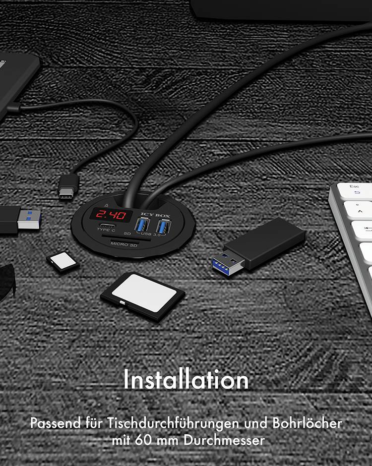 'Instalacja hub USB i czytnika kart o średnicy 60 mm, odpowiednia do przepustów w stołach i otworów montażowych.'