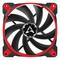 Czarno-czerwony wentylator komputerowy z dziewięcioma łopatkami wirnika, centralnym logo i kwadratową obudową; służy do chłodzenia urządzeń elektronicznych.