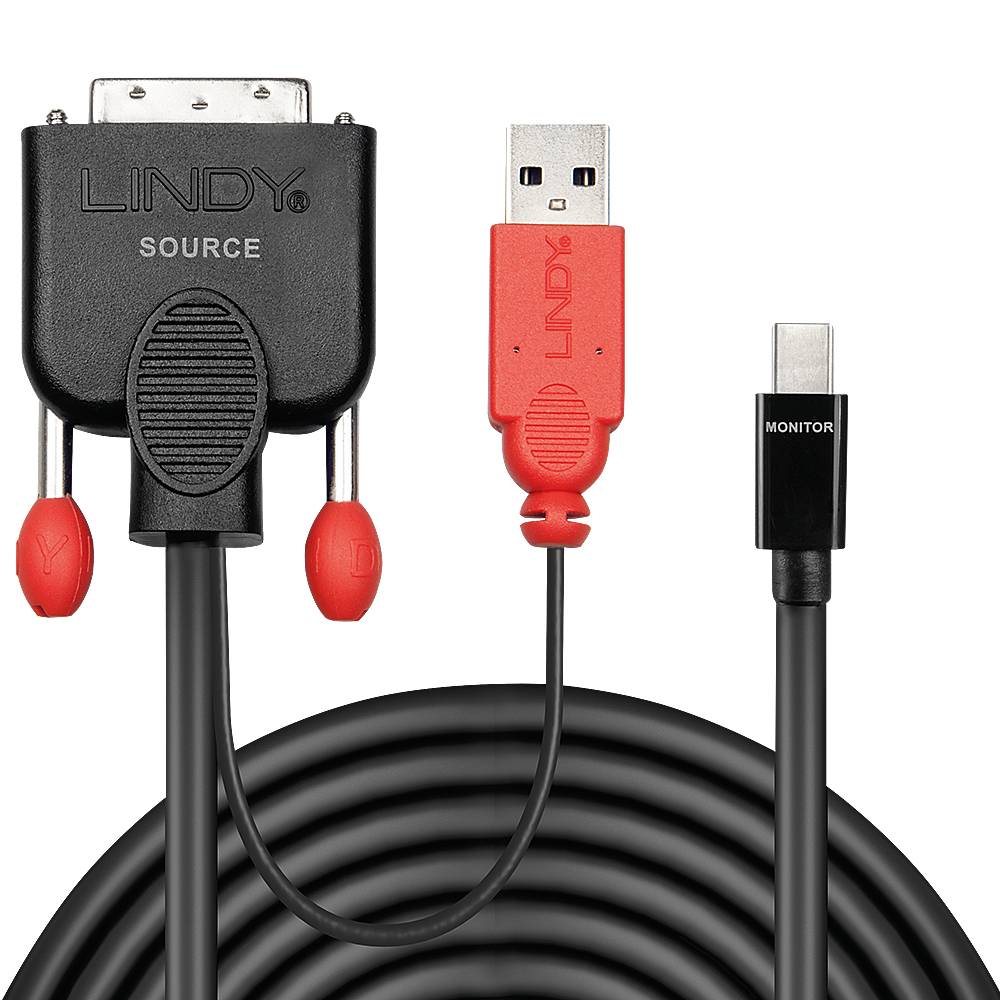 Kabel adaptera z wtyczkami DVI i USB, połączone wtyczką USB-C, z etykietami 'ŹRÓDŁO' i 'MONITOR'.