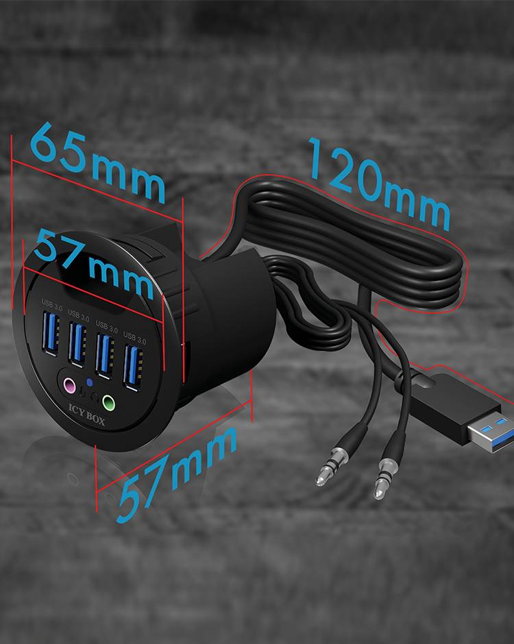 Czarny hub USB z czterema niebieskimi portami USB 3.0, kablem o długości 120 mm i dwoma gniazdami audio. Wymiary: 65 mm wysokości, 57 mm szerokości.