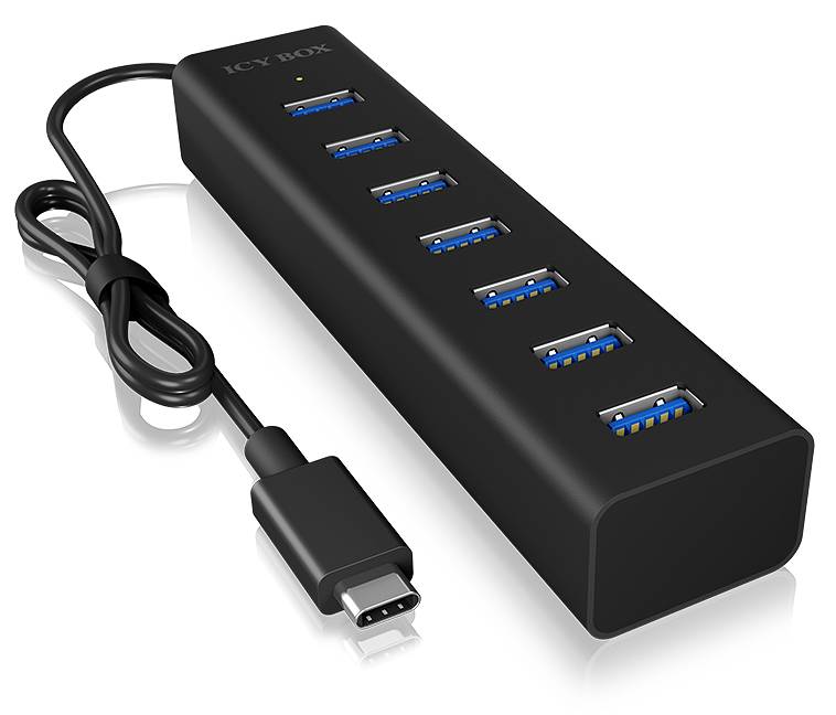 Czarny hub USB z siedmioma portami i kablem USB-C. Idealny do podłączenia wielu urządzeń do komputera.