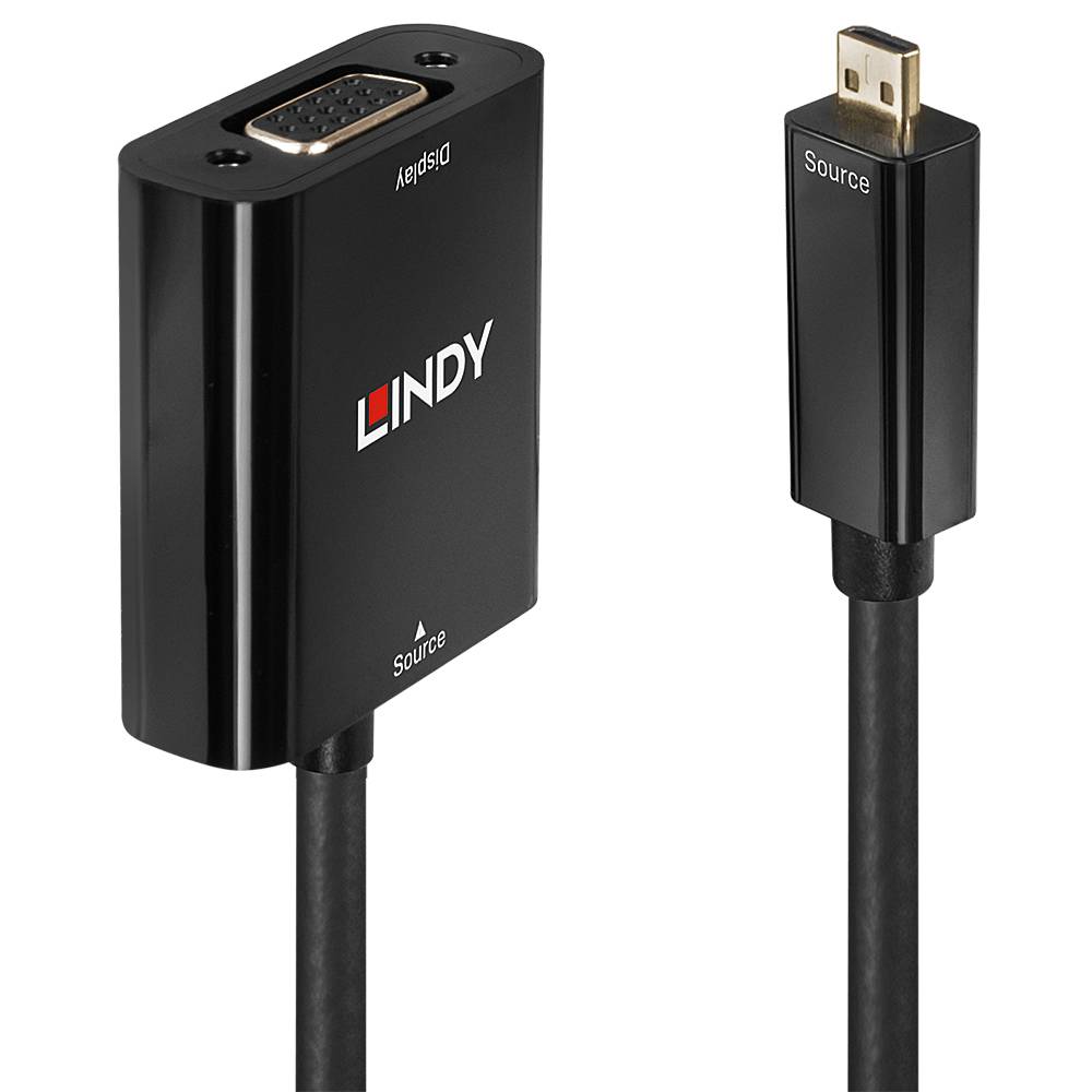 Czarny adapter z napisem 'LINDY', łączący złącza HDMI z VGA; kompaktowa budowa dla łatwego użycia z komputerami i monitorami.