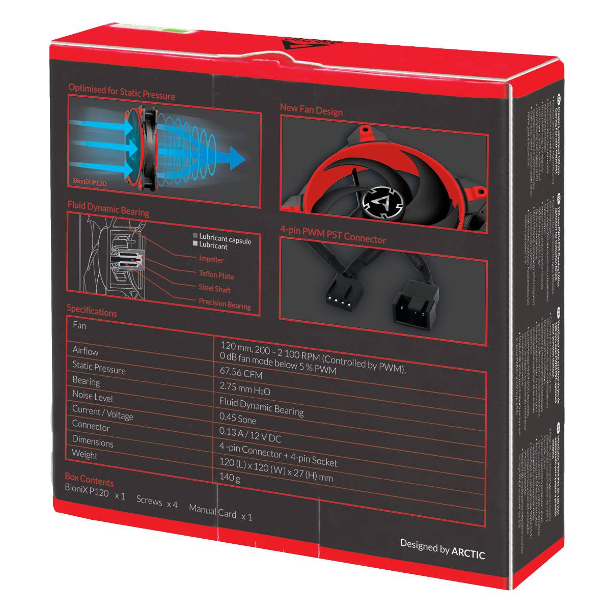 Opakowanie przedstawia szczegóły techniczne wentylatora komputerowego: 120 mm, 200–2100 obr./min, łożysko hydrodynamiczne, 4-pinowe złącze PWM.