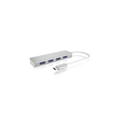 Hub USB z czterema niebieskimi portami USB 3.0 i białym kablem USB-C, przeznaczony do podłączenia wielu urządzeń do komputera.