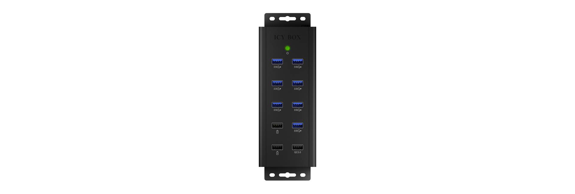 Czarny hub USB z dziesięcioma portami, w tym ośmioma portami USB 3.0 i dwoma portami USB 2.0. Zielona dioda LED sygnalizuje, że urządzenie jest włączone.