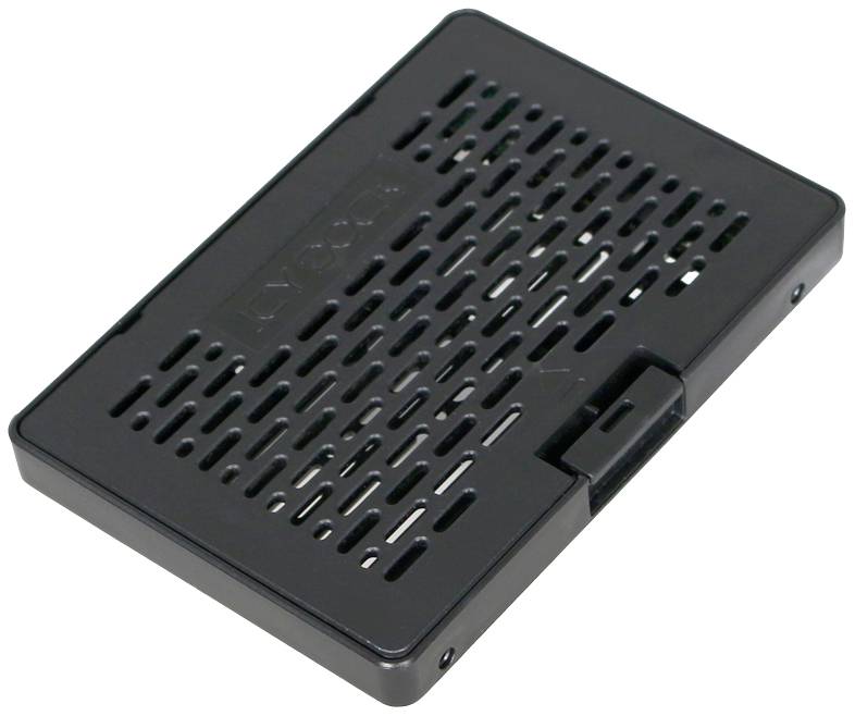 Czarna obudowa dziurkowana w kształcie prostokąta, prawdopodobnie przeznaczona dla elementów elektronicznych.