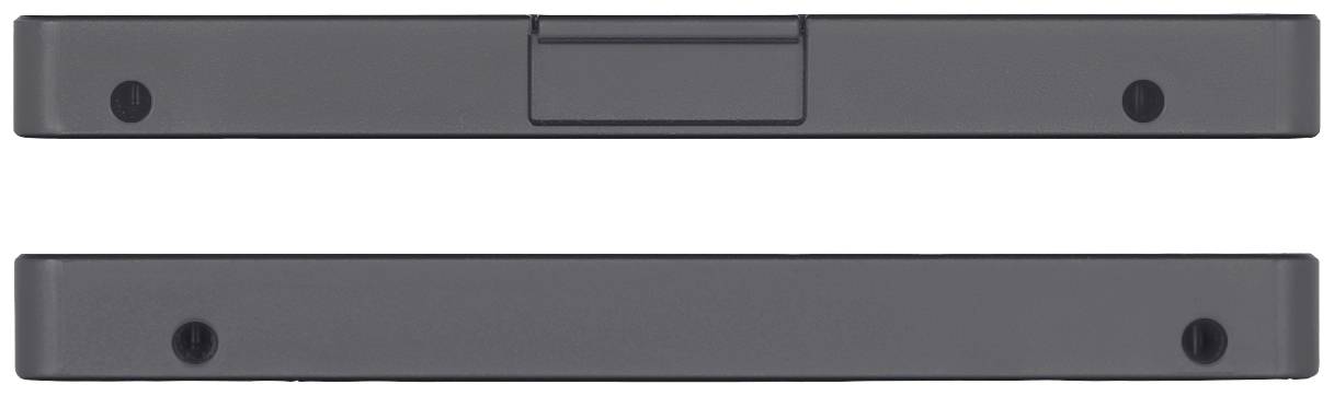 Dwa czarne, prostokątne obiekty z tworzywa sztucznego, ustawione poziomo, z zaokrąglonymi narożnikami i wypukłą sekcją pośrodku.