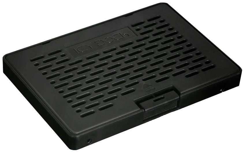 Czarne, prostokątne urządzenie z tworzywa sztucznego z otworami wentylacyjnymi na górnej powierzchni.