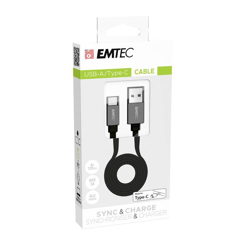 Opakowanie przewodu EMTEC z USB-A na USB-C, o długości 1,2 m, 3A. Na opakowaniu wydrukowany jest tekst 'SYNC & CHARGE' oraz 'SYNCHRONISER & CHARGER'.