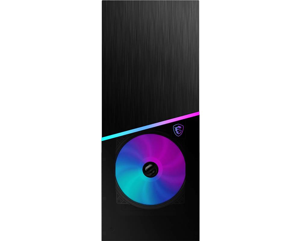 Czarna obudowa komputera z diagonalnym paskiem podświetlenia RGB i podświetlanym wentylatorem. Logo marki w prawym górnym rogu przedniej ściany.