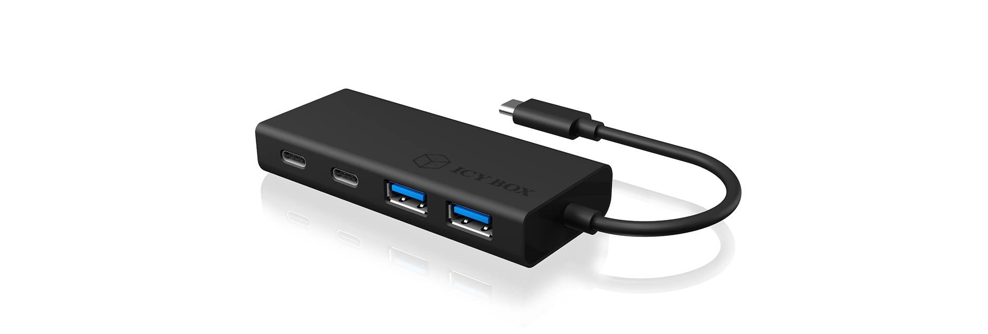 Czarny hub USB-C z czterema portami: dwoma USB-A i dwoma USB-C, umieszczony na białym tle. Idealny do rozszerzonej łączności.