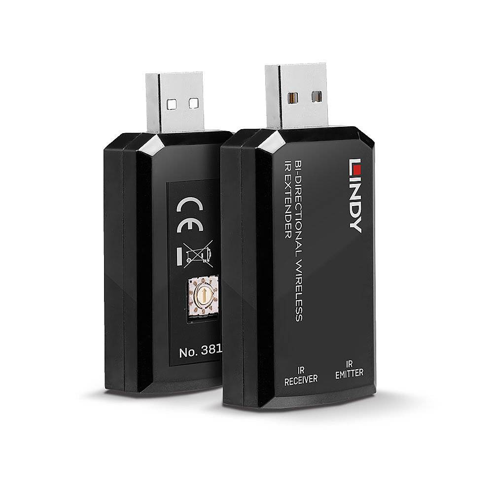 Dwa czarne adaptery USB z napisem 'Dwukierunkowy bezprzewodowy przedłużacz podczerwieni'. Jeden z nich posiada oznaczenie CE i numer seryjny.