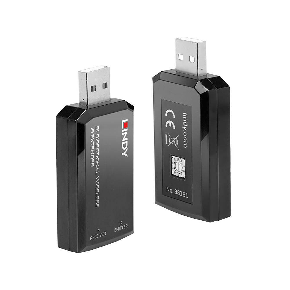 Dwa czarne adaptery USB na podczerwień firmy Lindy, jeden oznaczony jako odbiornik IR, drugi jako nadajnik IR.