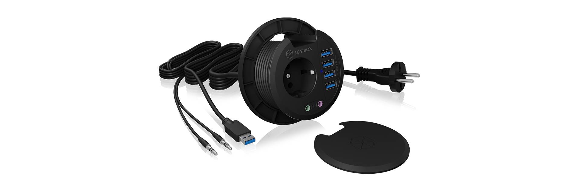 Gniazdo elektryczne z portami USB, kablem i zdejmowaną pokrywką. Odpowiednie do ładowania i podłączania urządzeń.