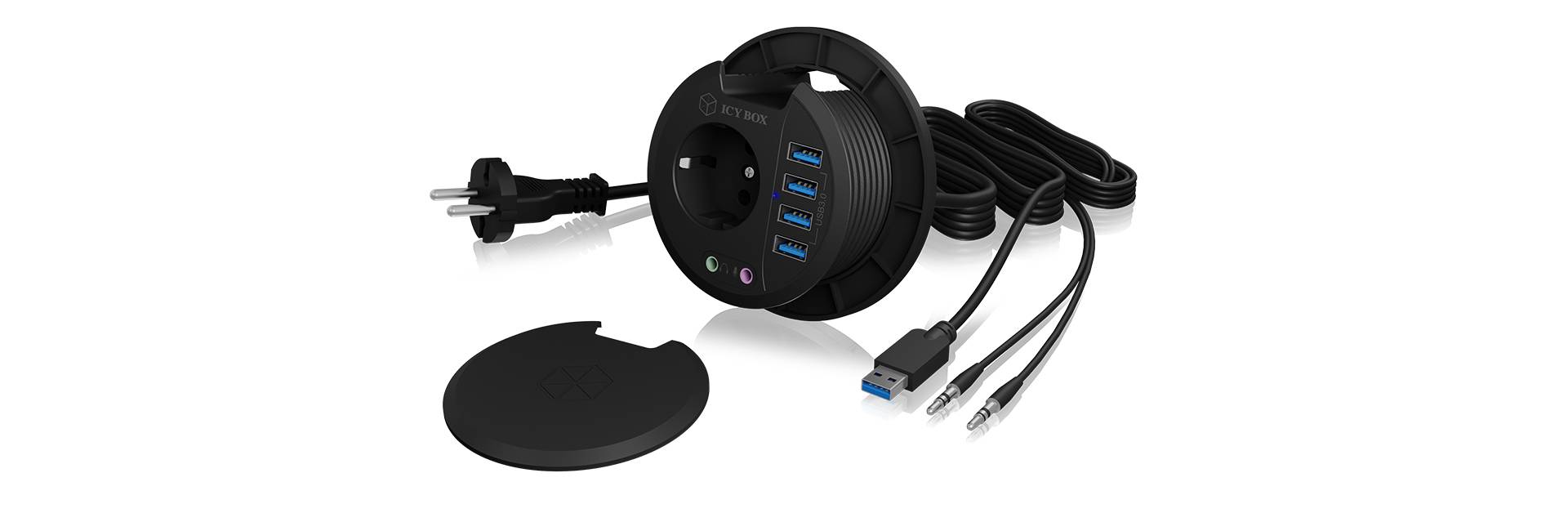 Elektryczna listwa zasilająca do montażu na blacie z jednym gniazdem Schuko, czterema portami USB oraz dwoma kablami. Przeznaczona do zasilania i podłączenia urządzeń.