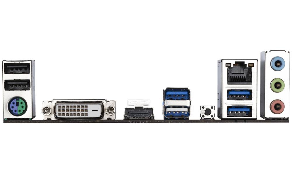 Złącza płyty głównej komputera: dwa porty PS/2, złącza DVI, HDMI, USB, Ethernet oraz audio w różnych kolorach.
