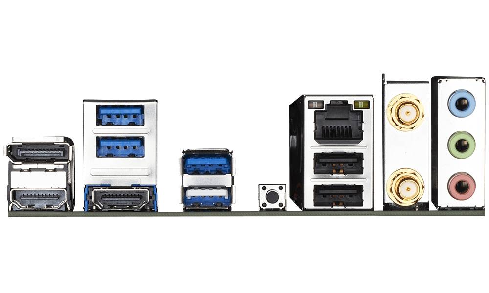 Tylna strona płyty głównej komputera z różnymi złączami, w tym USB, Ethernet, HDMI i Audio.