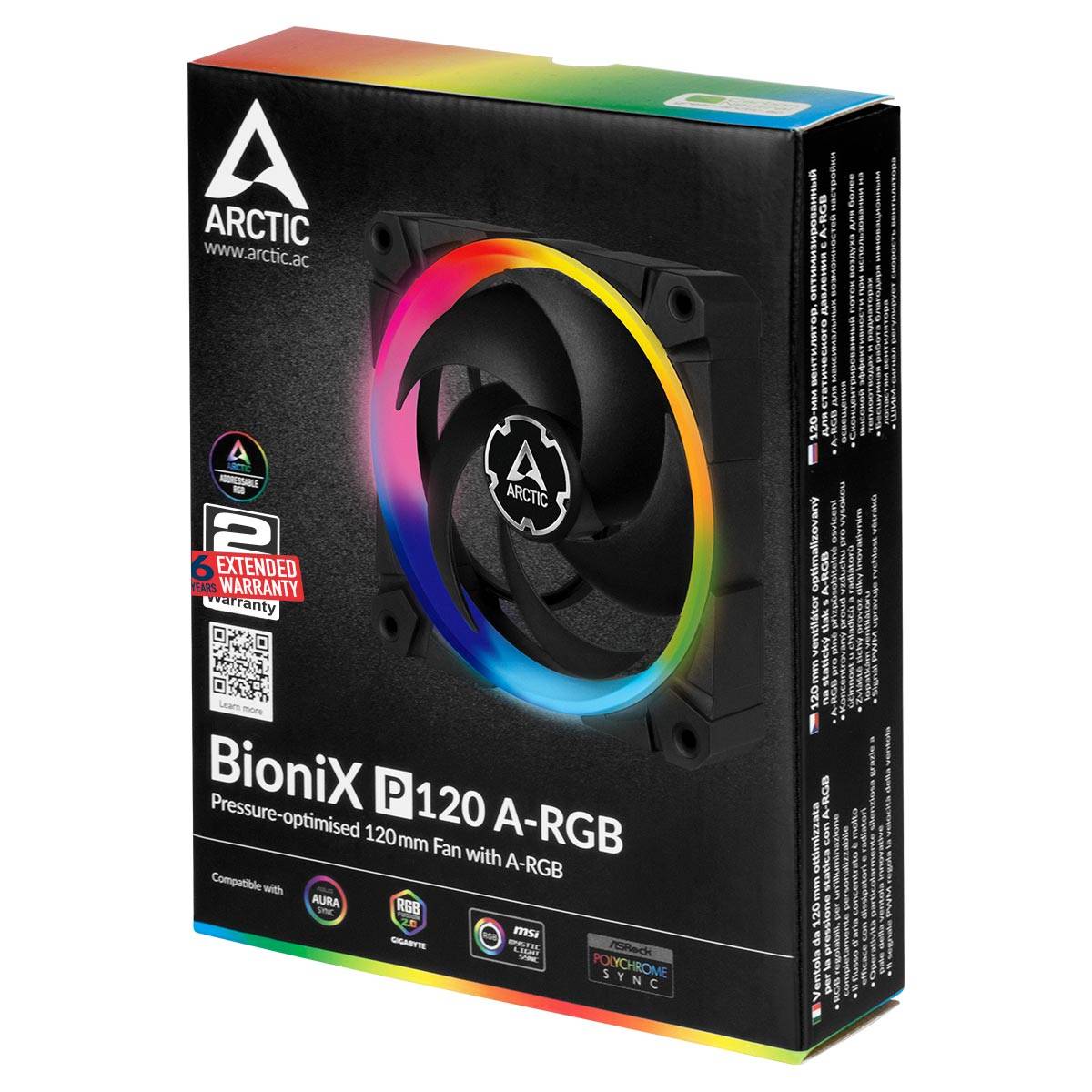 Opakowanie wentylatora Arctic BioniX P120 A-RGB z obrazem wentylatora i tekstami reklamowymi dotyczącymi funkcji, takich jak optymalizacja przepływu powietrza i kompatybilność RGB.