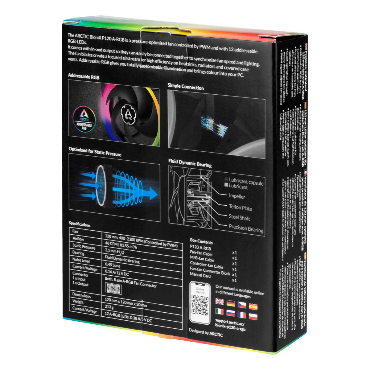 Czarny wentylator komputerowy Arctic, model P12 A-RGB, z technicznie szczegółowym tyłem. Informacje tekstowe i graficzne dotyczące sterowania RGB oraz technologii wentylacji, szczegóły w wielu językach.
