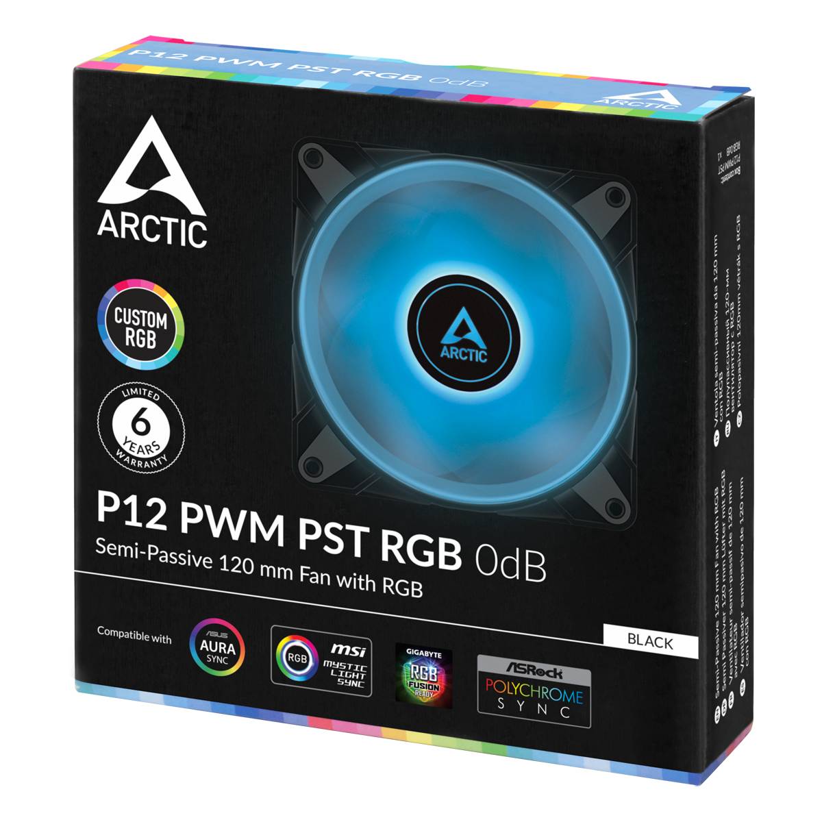 'ARCTIC P12 PWM PST RGB 0dB': Opakowanie wentylatora RGB. Semi-pasywny, 120 mm, czarny, kompatybilny z ASUS Aura Sync, MSI Mystic Light, widoczne dodatkowe logo.